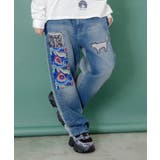 ブルー | 綿×レース異素材アップリケデニムパンツ | ScoLar
