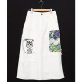 オフホワイト | 花ネコのアシメフリンジ アップリケデニムスカート | ScoLar