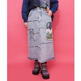 ブルー | 花ネコのアシメフリンジ アップリケデニムスカート | ScoLar