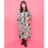 カーキ | パッチワーク風総柄ドロスト前開きワンピース | ScoLar