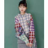 ブルー | チェックと総柄のアシメパッチワークシャツ | ScoLar