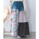 ブルー | デニム×パッチワーク風 異素材切替2wayスカート | ScoLar