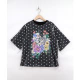 ブラック | ドットチュール重ね花ネコ柄Tシャツ | ScoLar