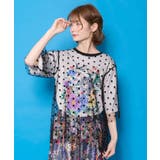 ドットチュール重ね花ネコ柄Tシャツ | ScoLar | 詳細画像2