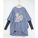 ブルー | ソフトチュール×花ネコ柄 レイヤード風プルオーバー | ScoLar