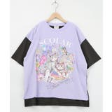 パープル | 花ネコピクニック柄配色Tシャツ | ScoLar