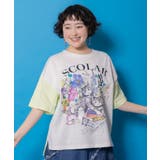 オフホワイト | 花ネコピクニック柄配色Tシャツ | ScoLar