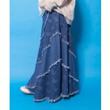 蝶刺繍or配色 スパイラル切替フリンジデニムスカート | ScoLar | 詳細画像4 