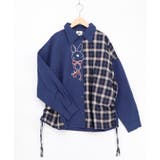 ネイビー | リボンウサギ刺繍チェック切替シャツ | ScoLar