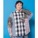 ブルー | チェックorストライプ 総柄アシメパッチワークシャツ | ScoLar