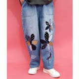 ネイビー | パッチワークお花アップリケデニムパンツ | ScoLar