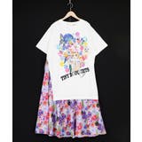 オフホワイト | レースリボン×花ネコプリント 花柄スリット切替ワンピース | ScoLar