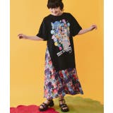 レースリボン×花ネコプリント 花柄スリット切替ワンピース | ScoLar | 詳細画像1