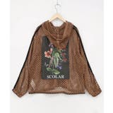 ブラウン | 熱帯花柄アップリケ付き ライン入りメッシュパーカー | ScoLar