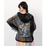 ブラック | 熱帯花柄アップリケ付き ライン入りメッシュパーカー | ScoLar