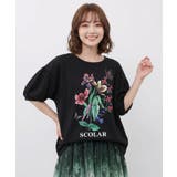 ブラック | 熱帯花柄 袖ギャザー入りTシャツ | ScoLar