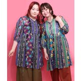 民族調 配色花柄Vネックシャツチュニック | ScoLar | 詳細画像1