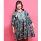 ネイビー | 民族調 配色花柄Vネックシャツチュニック | ScoLar