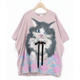 パープル | リボン付き もふもふハチワレネコ柄Tシャツ | ScoLar