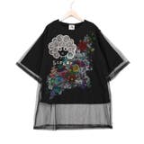 ブラック | スカラーちゃん×花×惑星柄 チュール重ねTシャツ | ScoLar
