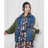 ブルー | ワッペン風プリント 異素材配色デニムジャケット | ScoLar