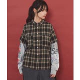 カーキ | レイヤード風 チェック柄袖プリントプルオーバー | ScoLar