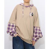 ベージュ | ネコとラビルのチェック柄切替フーデッドプルオーバー | ScoLar
