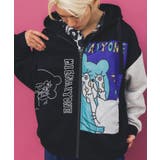 ブラック | ネコとクマとチンアナゴ柄 リメイク風裏起毛パーカー | ScoLar