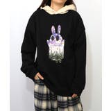ブラック | お花おばけウサギの配色裏毛パーカー | ScoLar