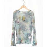 ブルー | 花蝶アート柄 ラメチュールロングスリーブTシャツ | ScoLar