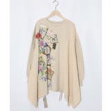 ベージュ | 額縁×花×蝶柄 ニットソー×裏毛切替プルオーバー | ScoLar