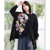 ブラック | 額縁×花×蝶柄 ニットソー×裏毛切替プルオーバー | ScoLar