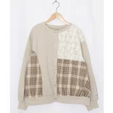 ベージュ | 裏毛×起毛レース×チェックの異素材切替カーデ | ScoLar