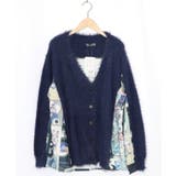 ネイビー | 芸術と音楽と花のコラージュ柄ロングカーディガン | ScoLar