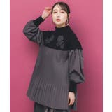 ブラック | 花刺繍ニット×プリーツ異素材切替プルオーバー | ScoLar