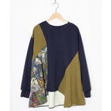 ネイビー | 花蝶柄×無地リメイク風 異素材切替プルオーバー | ScoLar