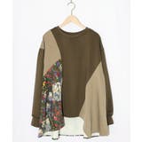 カーキ | 花蝶柄×無地リメイク風 異素材切替プルオーバー | ScoLar
