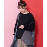 ブラック | 花蝶柄×無地リメイク風 異素材切替プルオーバー | ScoLar