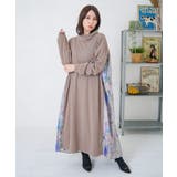 ブラウン | 花柄素材切替タートルネックワンピース | ScoLar