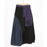 ブラック | 蝶鍵モチーフ刺繍 ナイロン×デニム切替配色スカート | ScoLar