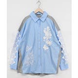 サックス | 花蝶刺繍レース×ストライプ柄配色シャツ | ScoLar