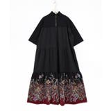 ブラック | ジャージ風グラデーション裾花チュールフレアワンピース | ScoLar