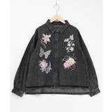 ブラック | 花蝶刺繍すそフリンジ入りデニムシャツ | ScoLar