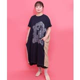 ネイビー | お城のレース風箔プリント異素材切替ワンピース | ScoLar