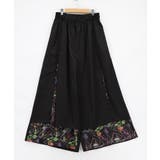 ブラック | 無地×お花図鑑柄 スリット入りワイドパンツ | ScoLar