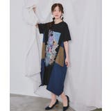 ブラック | 夏の花コラージュ柄 異素材切替ワンピース | ScoLar
