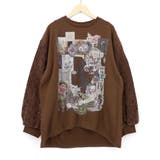 ブラウン | 黒猫コラージュ柄 袖レース重ねプルオーバー | ScoLar