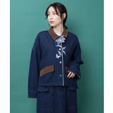 ネイビー | デニム×コーデュロイ 花刺繍配色ジャケット | ScoLar