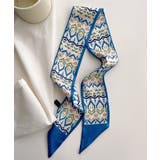 ブルー | 【SETUP7】サテンレトロ柄ナロースカーフ KNF | SETUP7【WOMEN】