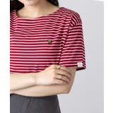 ワイン | 【ARNIE】9054543 先染ボーダーフェルト刺繍半袖Tシャツ | SETUP7【WOMEN】